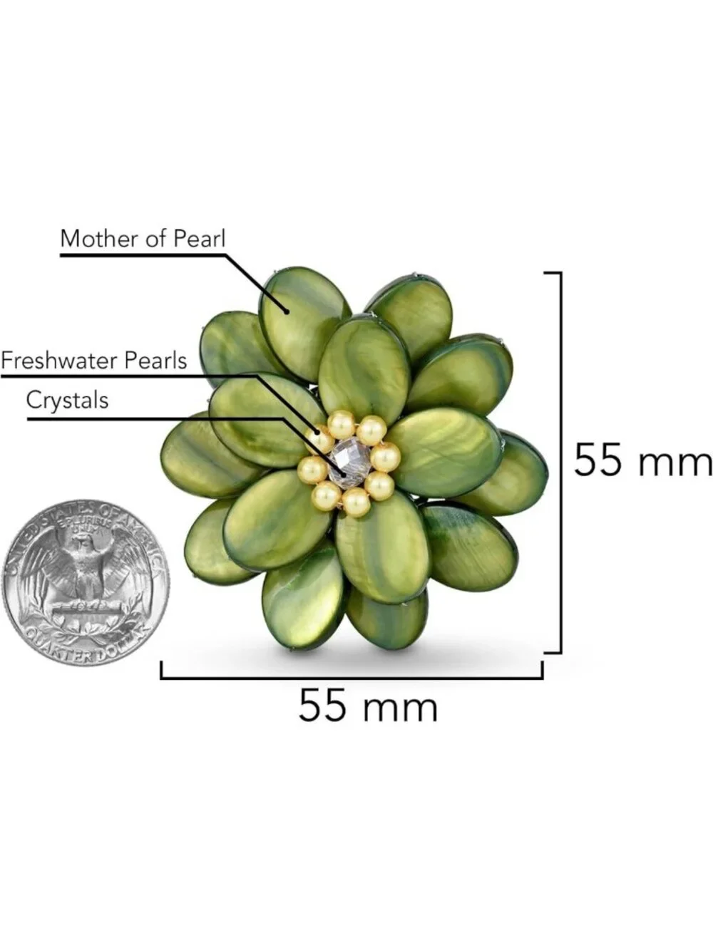 Lime Green Floral Mother of Pearl Brooch Pin | Handmade Women's Accessories